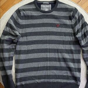 American Eagle Outfitters Men's Charcoal and Gray Striped Crewneck Sweater